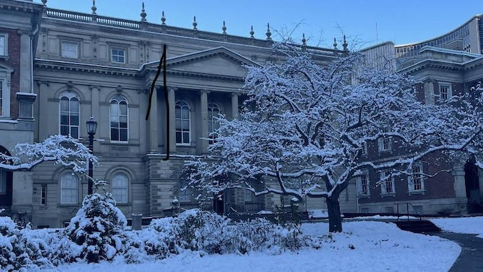 La Cour divisionnaire et la Cour d'appel de l'Ontario vus de l'extérieur une journée enneigée. 