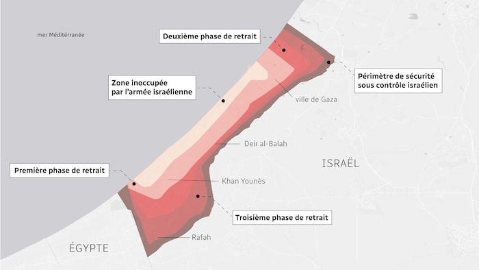 Carte de la bande de Gaza et des phases de retrait de l'armée israélienne.