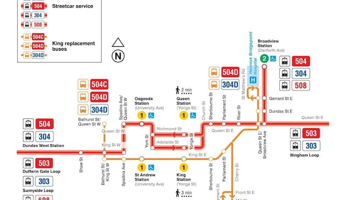 Une carte avec les trajets alternatifs aux tramways 504C/504D et 508 à Toronto.