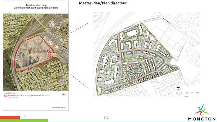 Une photographie aérienne des lieux et un schéma du futur quartier.
