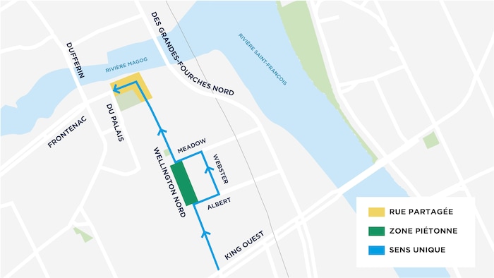 Un plan du centre-ville de Sherbrooke montre la zone piétonne, la rue partagée et les sens uniques.