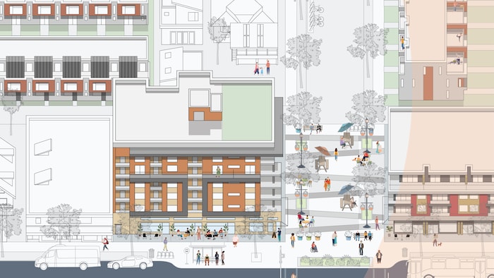 Un croquis d'un quartier avec des maisons unifamiliales, des immeubles, des commerces, des piétons et des automobilistes.