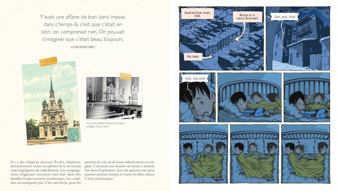 Une planche de la BD mêlant images d'archives, illustrations et textes.