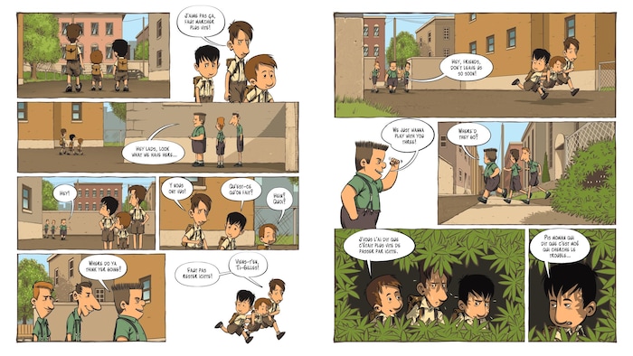 Planche de BD montrant de jeunes garçons en train de s'affronter dans une cour d'école.