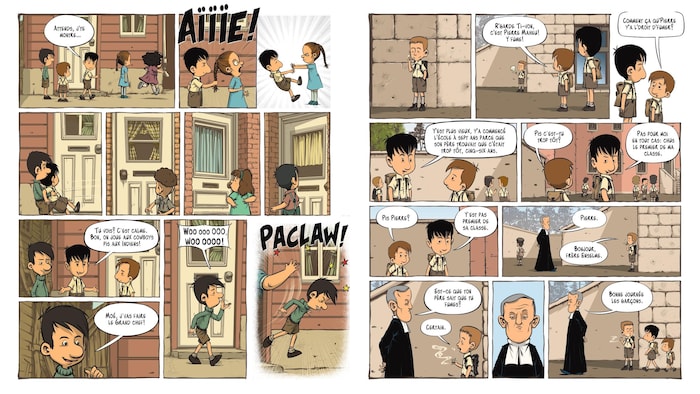 Planche de bande dessinée montrant les aventures de jeunes garçons et de jeunes filles.