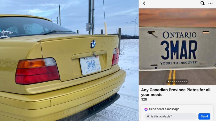 A screenshot of an ad on Facebook that sells reproductions of Canadian license plates.