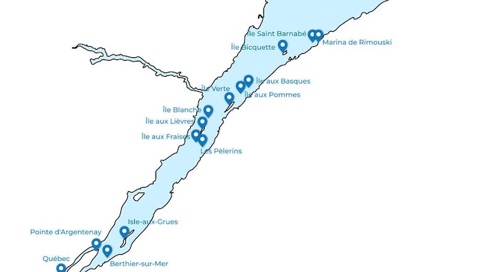 Carte du trajet de l'expédition qui reliera Québec à Rimouski en passant par les îles de l'estuaire du Saint-Laurent.
