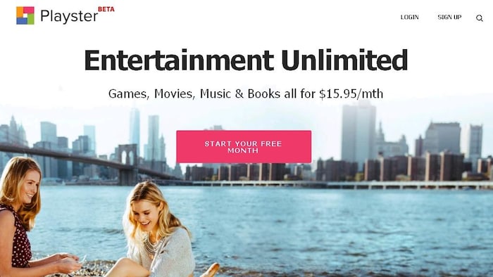 The home page of the Playster website, which promises to offer unlimited games, movies, music and books.