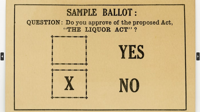 Un bulletin de vote au sujet de la prohibition en 1915. 