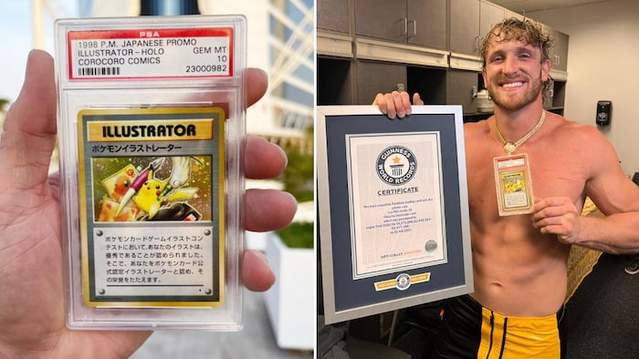 L'homme pose avec sa carte Pokémon et une plaque des records Guinness.