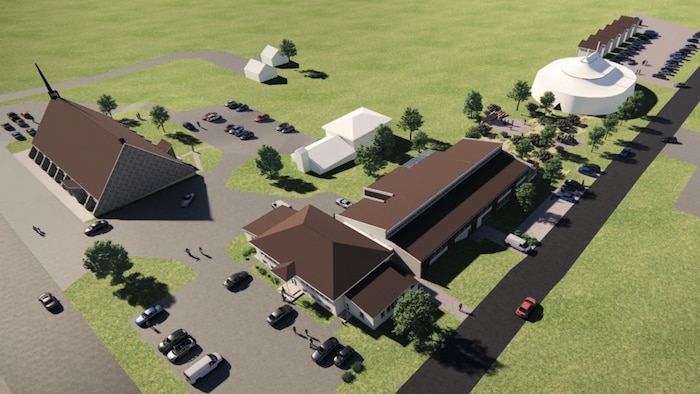 Un plan 3D montrent des bâtiments rénovés vus de haut.