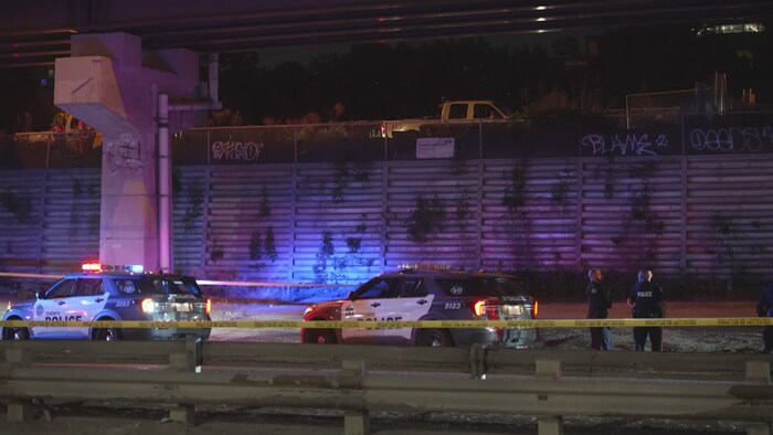 Des véhicules de police arrêté sur une voie routière située sous l'autoroute. Deux agents sont debout près des véhicules.