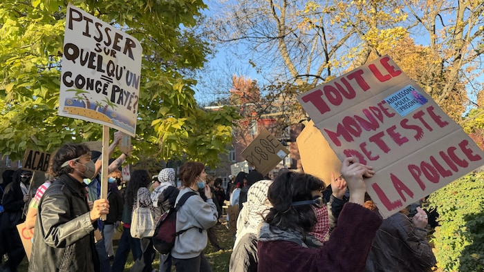 Des manifestants, pancartes à la main.