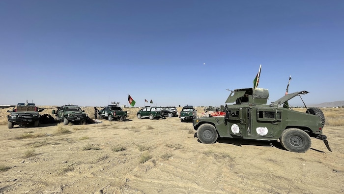 Un peu moins d'une dizaine de véhicules blindés et de camions sont stationnés dans une étendue terreuse.
