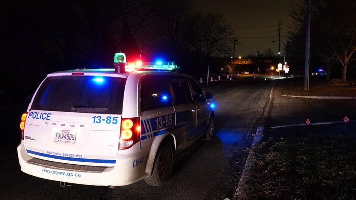 Une voiture de police la nuit, avec ses gyrophares allumés.