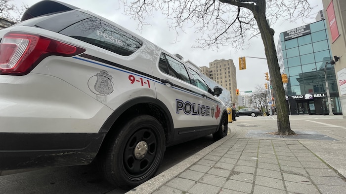 Une voiture de police stationnée sur une rue commerciale.