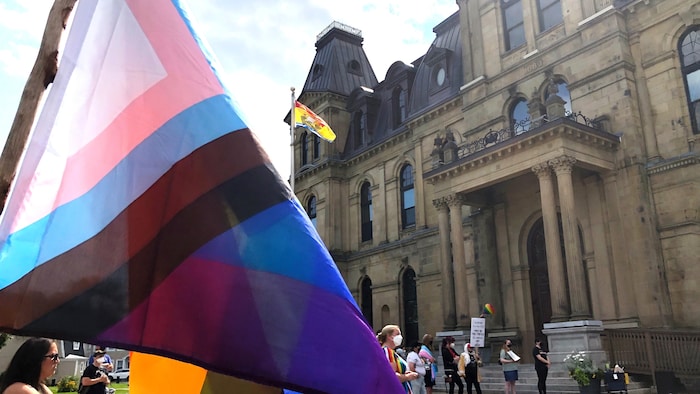Des gens regroupés devant l'édifice de l'Assemblée législative du Nouveau-Brunswick. Un grand drapeau transgenre flotte au vent.