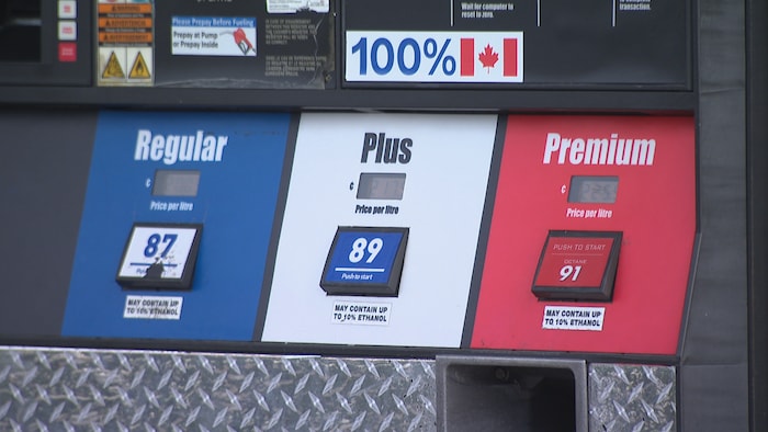 Les trois types de carburants à la pompe d'une station-service.