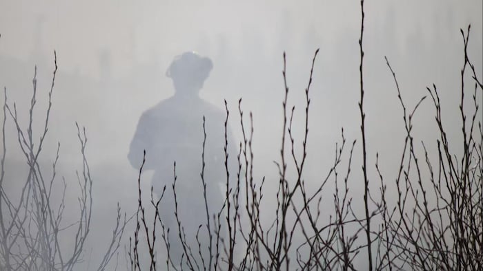 Un pompier forestier entouré de fumée.