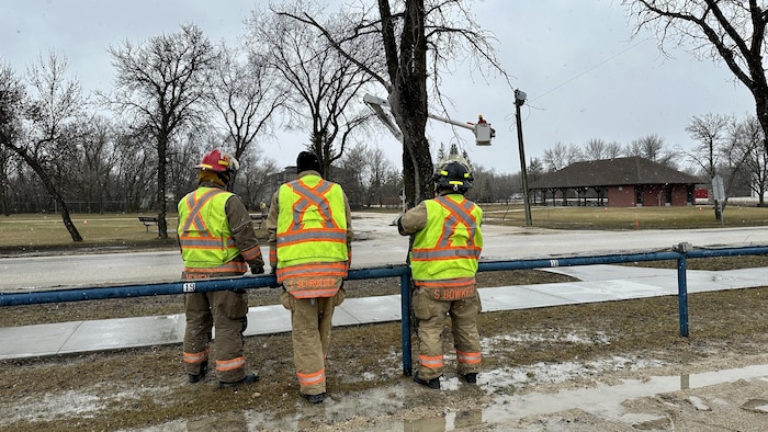 Trois pompiers sont debout de loin autour d’un transformateur monté sur un poteau électrique. 
