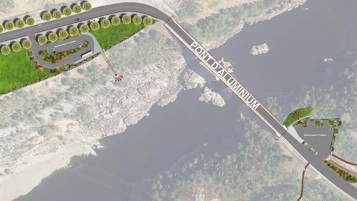 Un plan d'un stationnement, d'une rivière et d'un pont.