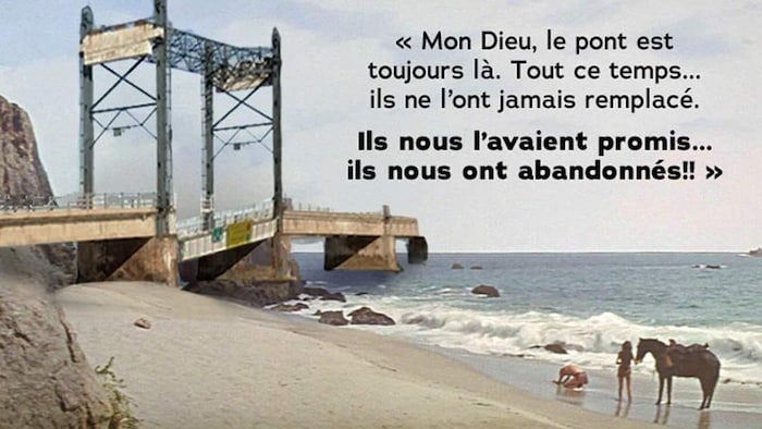 Deux personnes et un cheval sont près d'un pont en ruines.