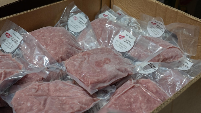 Des paquets de porc haché congelé dans une boîte de carton.