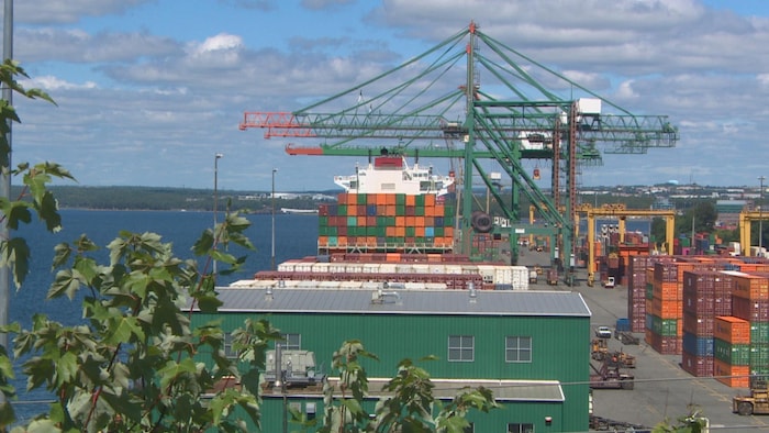 Des conteneurs au port, un navire en arrière-plan.