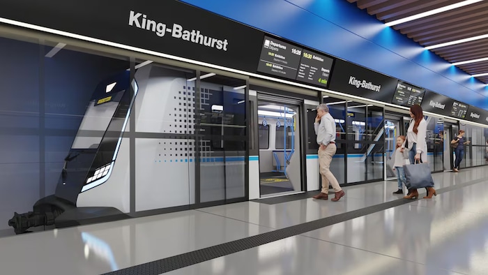 Une illustration de passagers qui montent à bord d'une rame de métro.