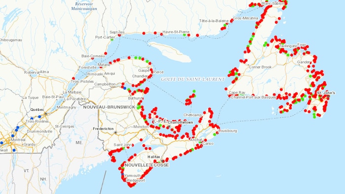 Une carte de la région de l'Atlantique indiquant où se trouvent les ports.