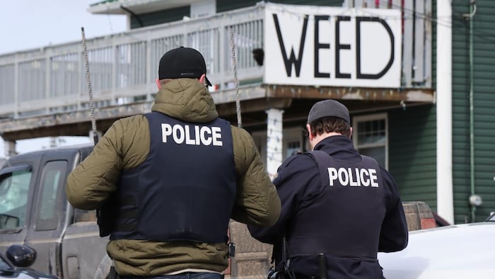 Deux hommes de dos en uniforme avec le mot POLICE sur leur veste pare-balles font face à un balcon où est suspendue une affiche blanche avec le mot WEED écrit en gros.