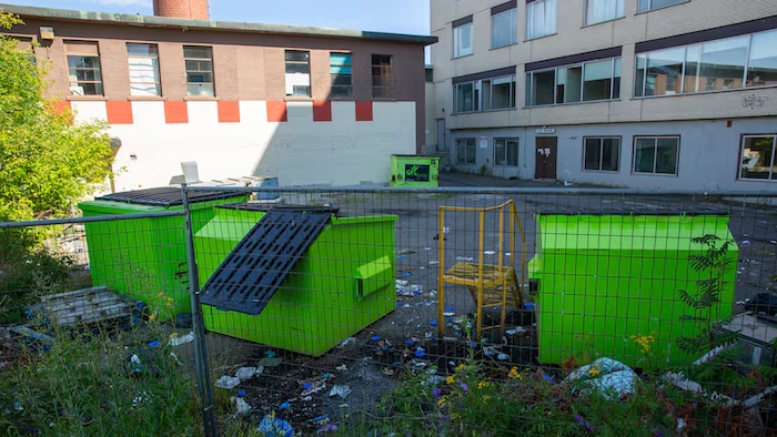 Des poubelles de couleur verte sont placés derrière deux bâtiments.