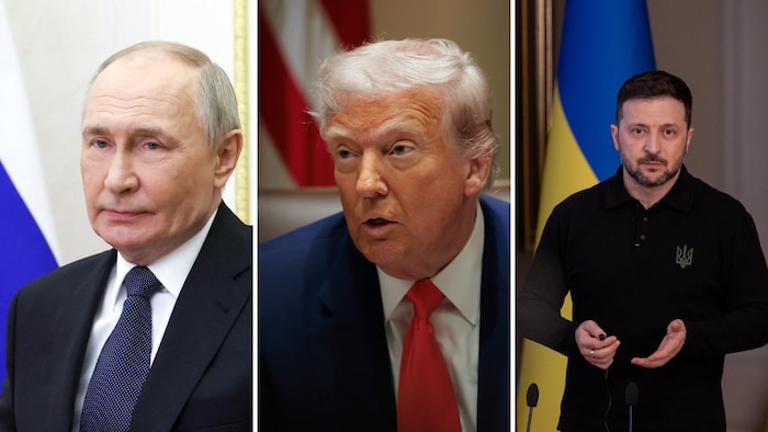 Vladimir Poutine (G), Donald Trump (C) et Volodymyr Zelensky (D).