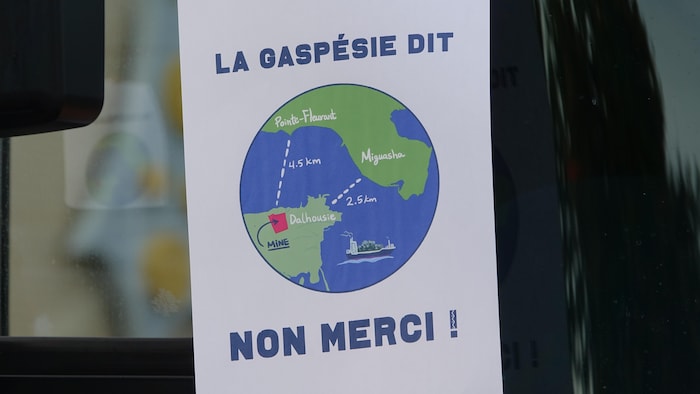 Une pancarte sur laquelle on peut lire « La Gaspésie dit non merci! » et une carte qui illustre la distance entre Dalhousie et Miguasha.