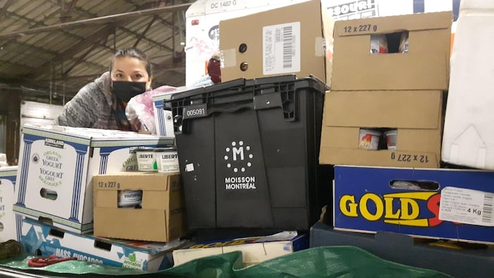 En la foto, una voluntaria de Copatla posa junto a las cajas de alimentos recuperados por Copatla en las bodegas Moisson Montréal. Este organismo de beneficencia recoge donaciones de alimentos y artículos de primera necesidad y los distribuye gratuitamente a organizaciones comunitarias de la isla de Montreal. 