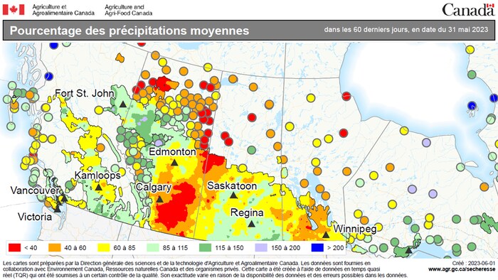 Carte montrant le pourcentage de précipitations dans les 60 derniers jours, avec très peu de pluie en Alberta.
