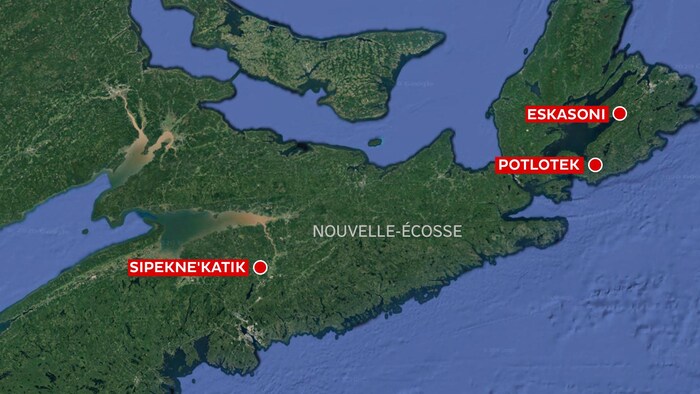 Les Premières Nations de Sipekne'katik, de Poltotek et d’Eskasoni sur une carte de la Nouvelle-Écosse. 