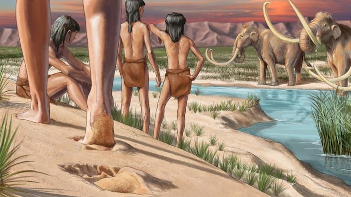 Una ilustración de seres humanos junto a mamuts.