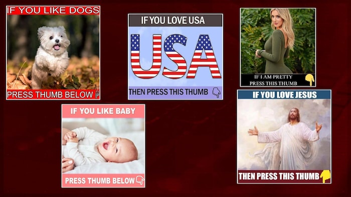 Une série d'images de chien, de bébé, de Jésus, d'une femme. Toutes les images sont accompagnées du texte "si vous aimez le sujet en question, cliquez sur le pouce".