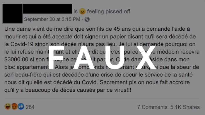 Capture d'écran d'une publication Facebook. Le mot FAUX est superposé sur ladite publication.