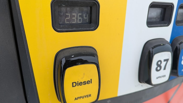 Gros plan sur le prix du diesel affiché sur une pompe à essence.