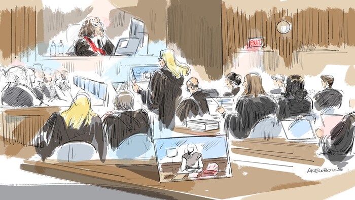 Un croquis de la salle d'audience du palais de justice de London