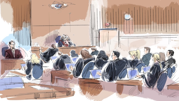 Un croquis de la salle d'audience du palais de justice de London, où se trouvent de nombreux avocats, la juge ainsi que Carter Hart à la barre des témoins
