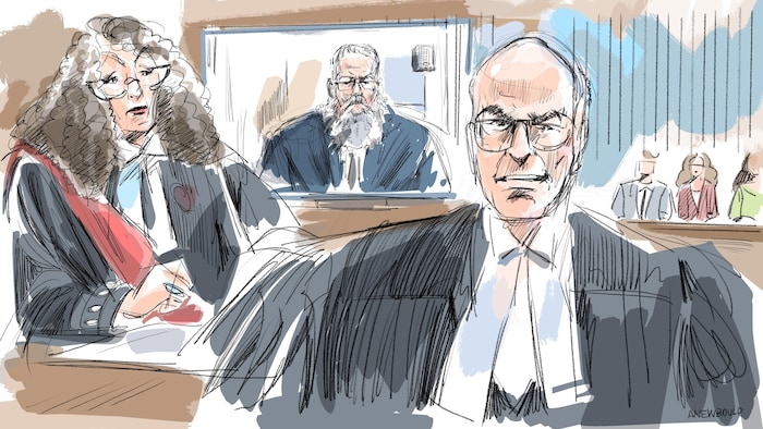 Un croquis de la juge, Michael Humphrey et Steve Newton qui apparaît sur un écran