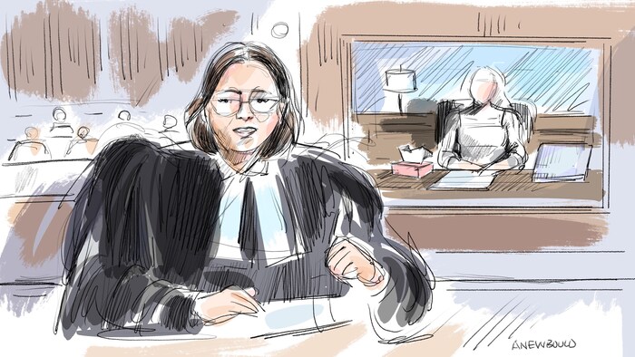 Un croquis de la procureure Meaghan Cunnigham et de la plaignante E. M. sur un écran