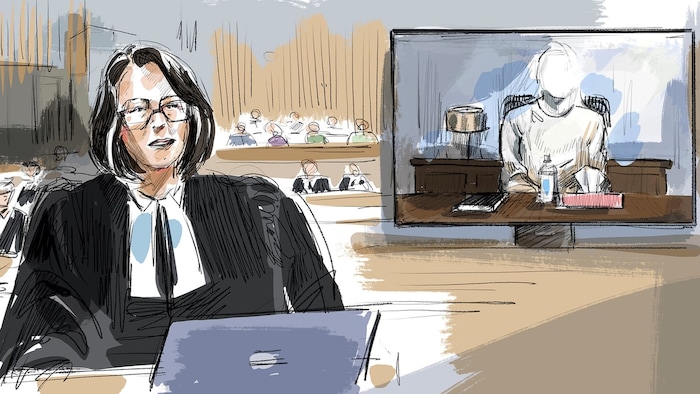 Un croquis de la présumée victime qui est en train de témoigner par vidéoconférence