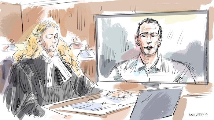 Un croquis de Tyler Steenbergen qui apparaît sur un écran et de la procureure Heather Donkers
