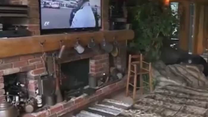Un autre aperçu de la chambre de Peter Nygard avec un foyer surmonté d’un écran géant de télévision.