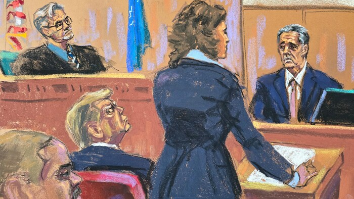 In this courtroom sketch, Cohen, right, is questioned by prosecutor Susan Hoffinger before Justice Juan Merchan, left, as Trump watches, during his criminal trial on charges that he falsified business records to conceal money paid to silence porn star Stormy Daniels, in New York on Monday.