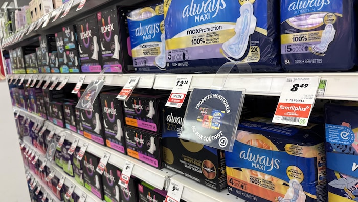 Des rangées de pharmacie pleines de produits menstruels.